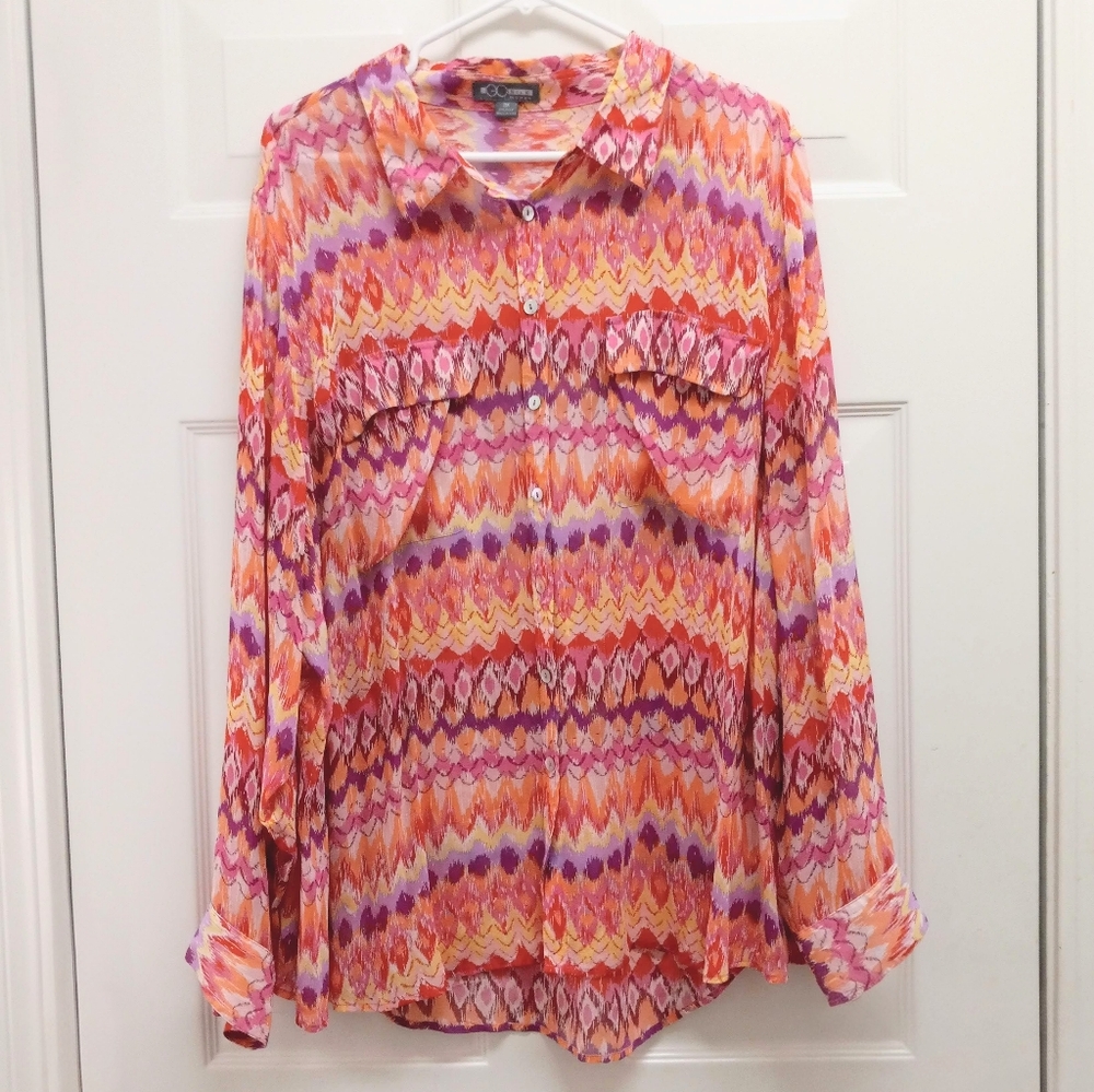 Go Silk Woman 100% Silk Button Front Top 3X Sheer Colorful Boho Resortwear